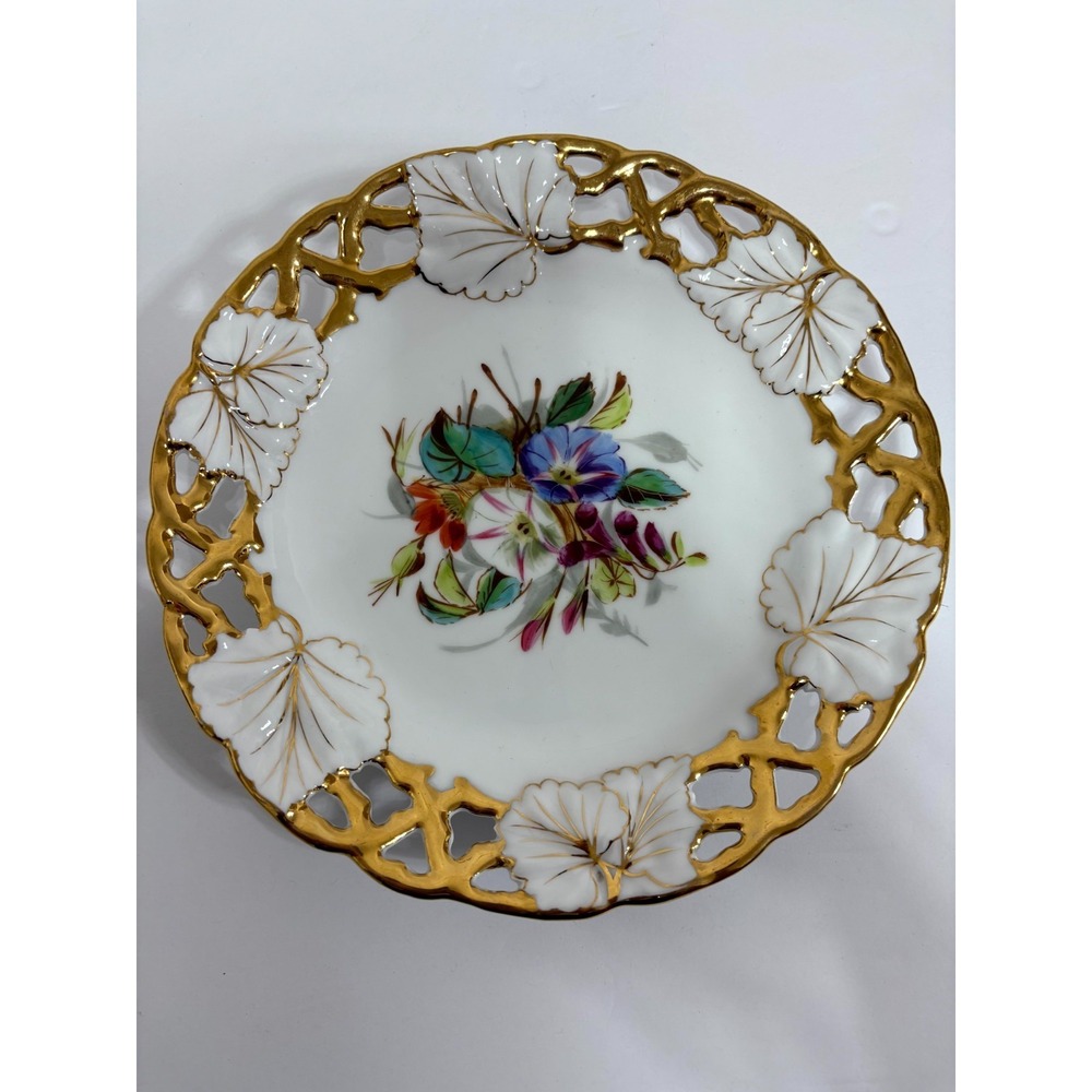 VTG Carl‎ Tielsch Porcelain Plate Floral Gold Gilt Reticulated Edge Hand-Painted